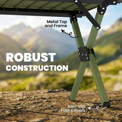 Outsunny 4ft Folding Camping Table, Waterproof Picnic Table with Roll Up Top and Metal Frame, Green