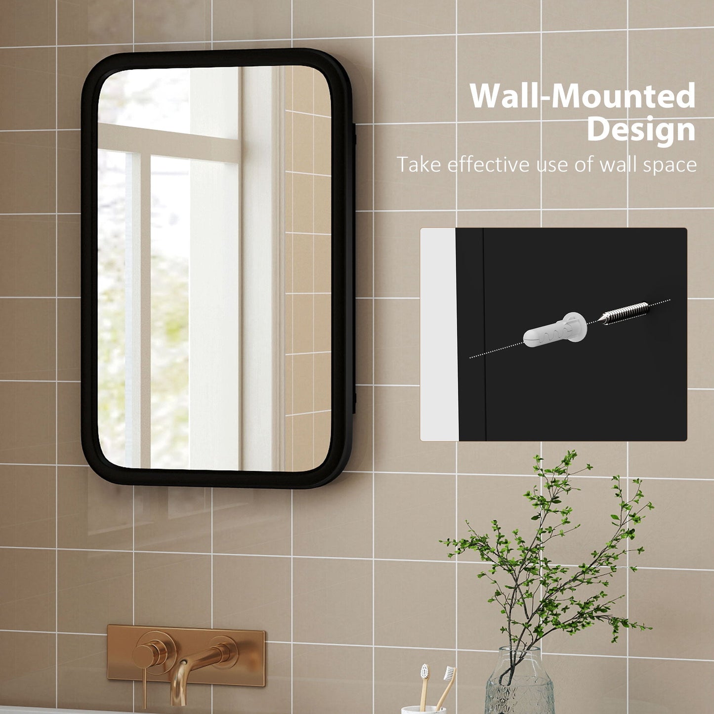 HOMCOM Bathroom Wall Cabinet with Tempered Mirror Metal Bathroom Mirror Cabinet with 3 Shelves Black
