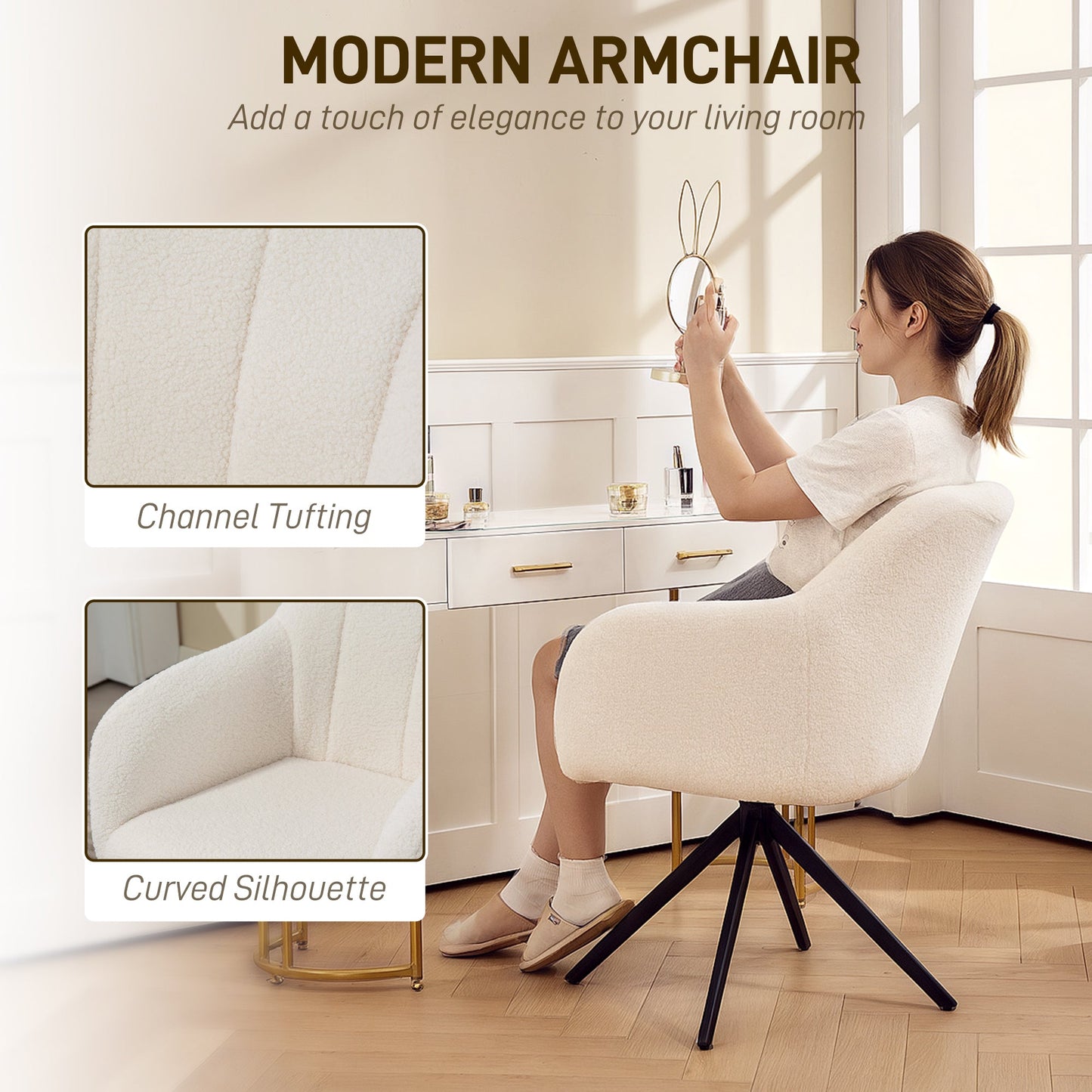 HOMCOM 360 Degree Swivel Accent Chair, Teddy Fleece Fabric Armchair, Upholstered Tufted Vanity Chair with Steel Legs for Living Room, Bedroom, Home Office, White