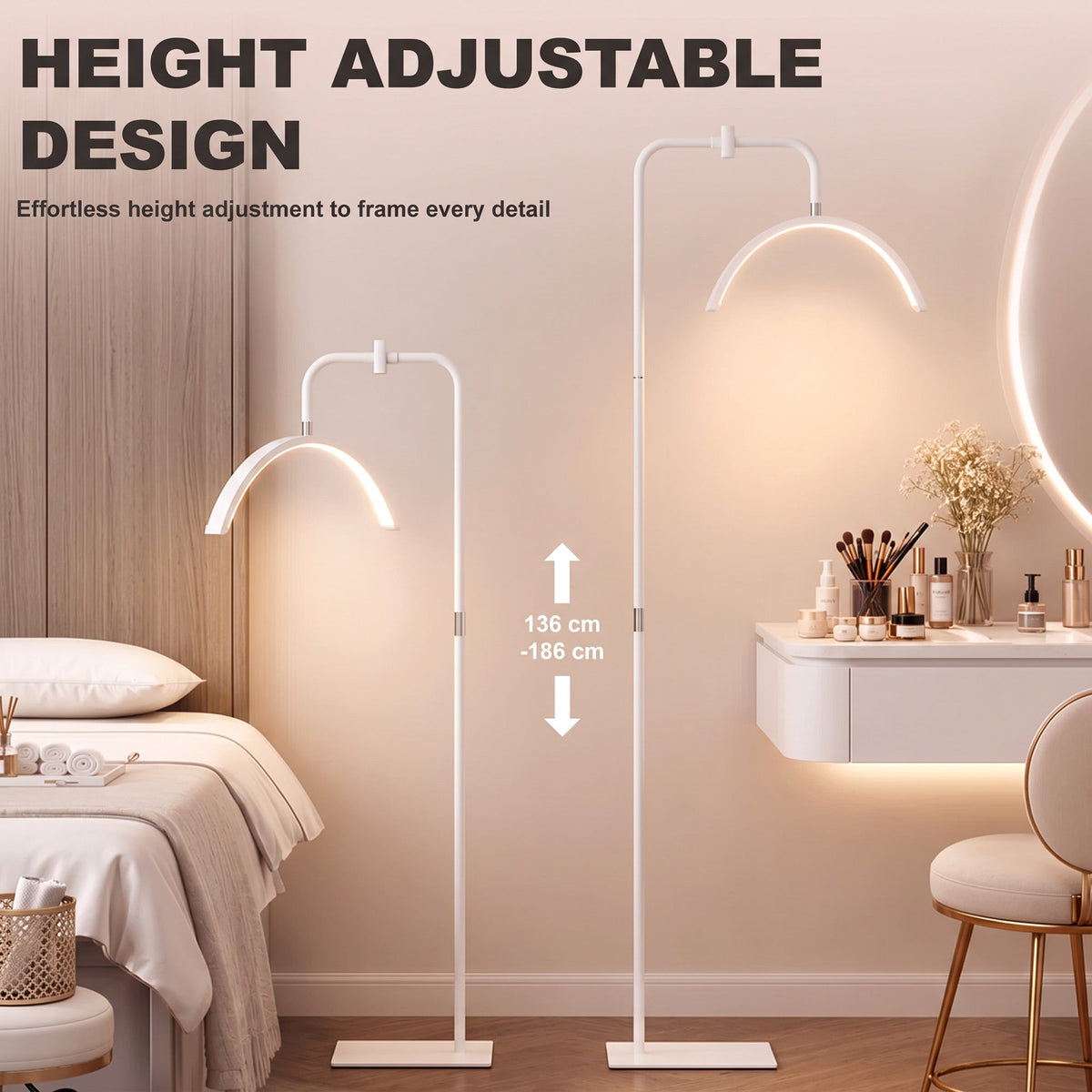 HOMCOM Half Moon Lash Light, 350° Rotatable Head, 7 Colours, Dimmable Beauty Floor Lamp, White