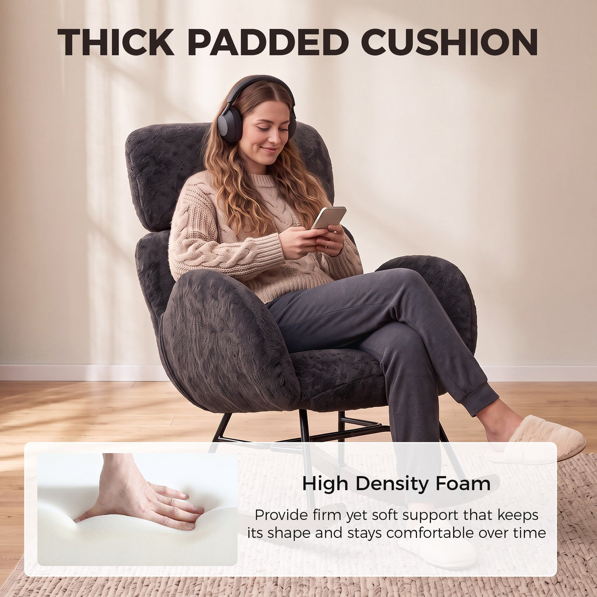 HOMCOM Upholstered Rocking Chair Adjustable Headrest Rocker Chair Raindrop Velvet Rubberwood Base Dark Grey