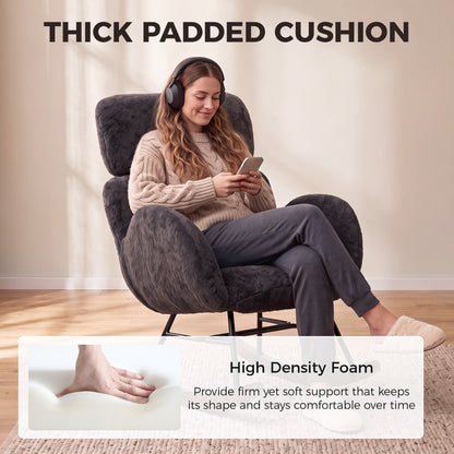 HOMCOM Upholstered Rocking Chair Adjustable Headrest Rocker Chair Raindrop Velvet Rubberwood Base Dark Grey