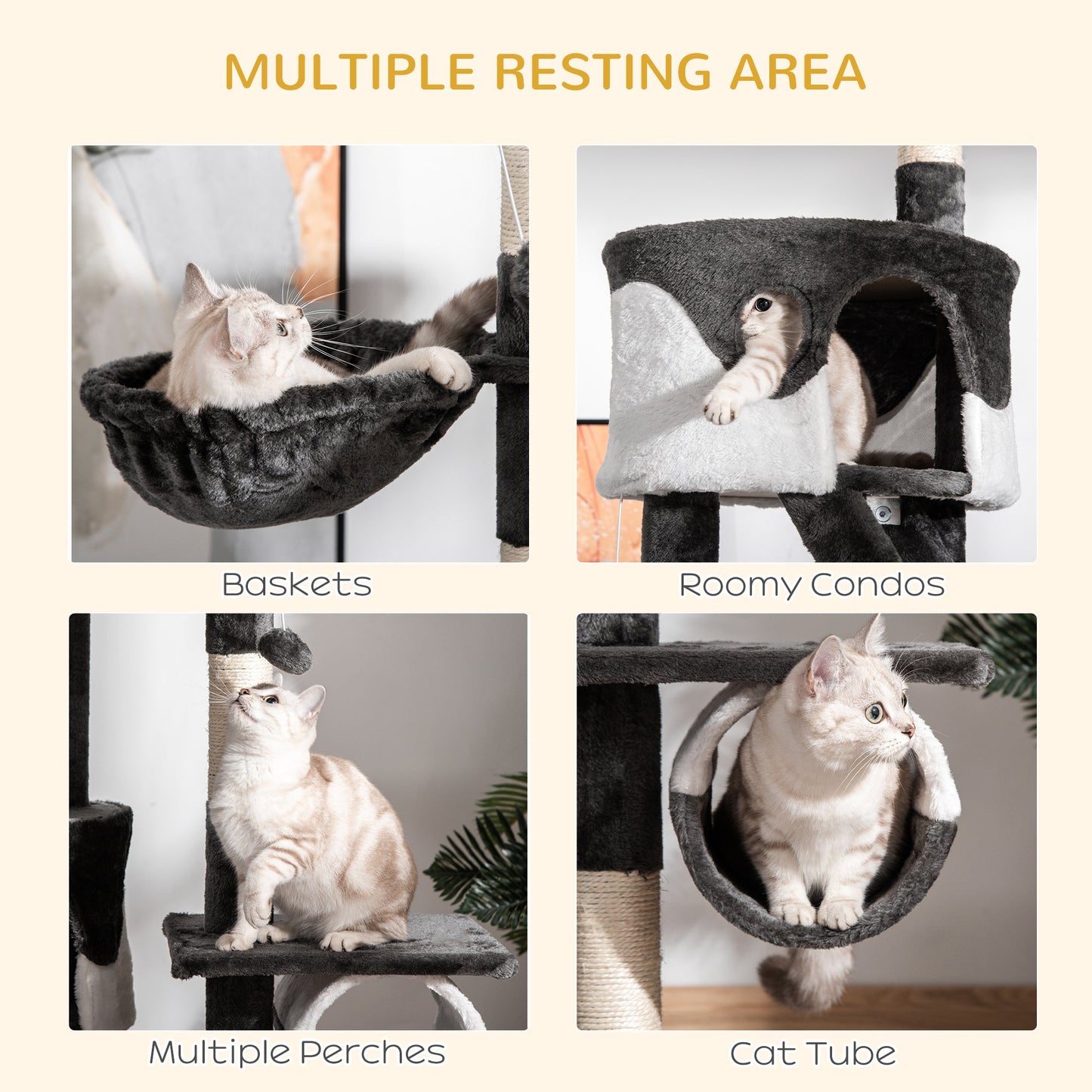 PawHut Floor-to-Ceiling Cat Tree for Indoor Cats, 240-260cm Adjustable Cat Tree - White