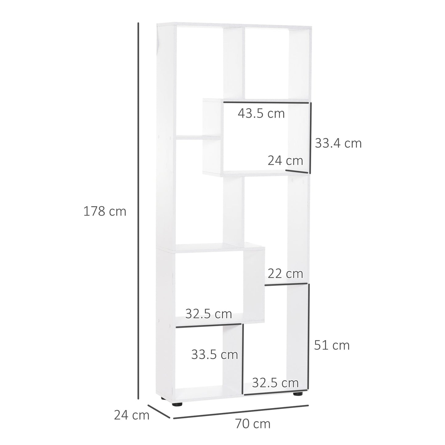 HOMCOM 8-Tier Freestanding Bookcase w/ Melamine Surface Anti-Tipping Foot Pads Home Display Storage Grid Stand Bedroom Living Room Furniture Modern Style - White