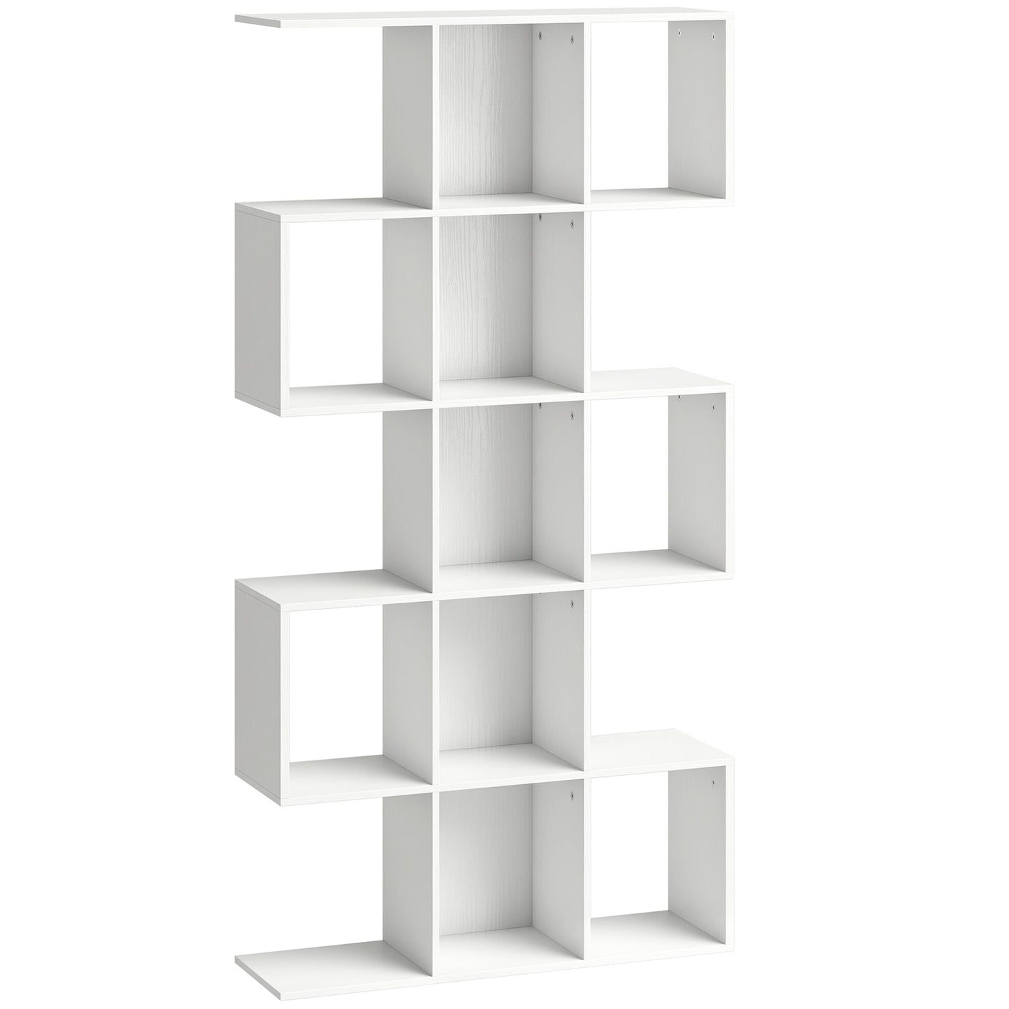 HOMCOM 5-Tier Bookshelf, S Shaped Geometric Bookcase with 15 Compartments, White Wood Effect