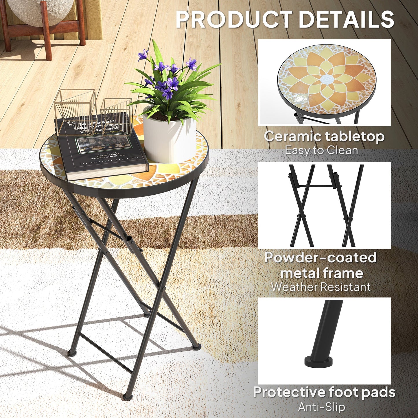 Outsunny Mosaic Outdoor Garden Table, 35.5cm Round Folding Coffee Table with Metal Frame for Balcony Terrace, Yellow