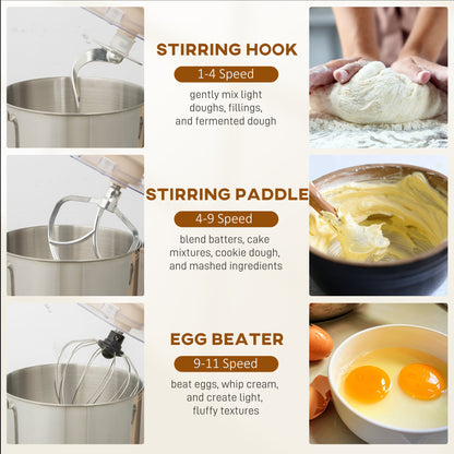 HOMCOM Stand Mixer, 6L 1400W Tilt-Head Food Mixer with 11 Speeds, Pulse & Fermentation Function, LED Display, Cream