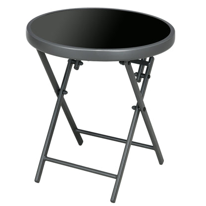 Outsunny \'ce\'a645cm Garden Side Table, Outdoor Round Folding Patio Table with Imitation Marble Glass Top, Small Coffee Table, Black