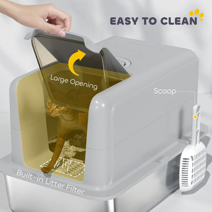 PawHut Stainless Steel Cat Litter Box with Removable Lid, Scoop, Filter Bags, for Larger Cats, Grey
