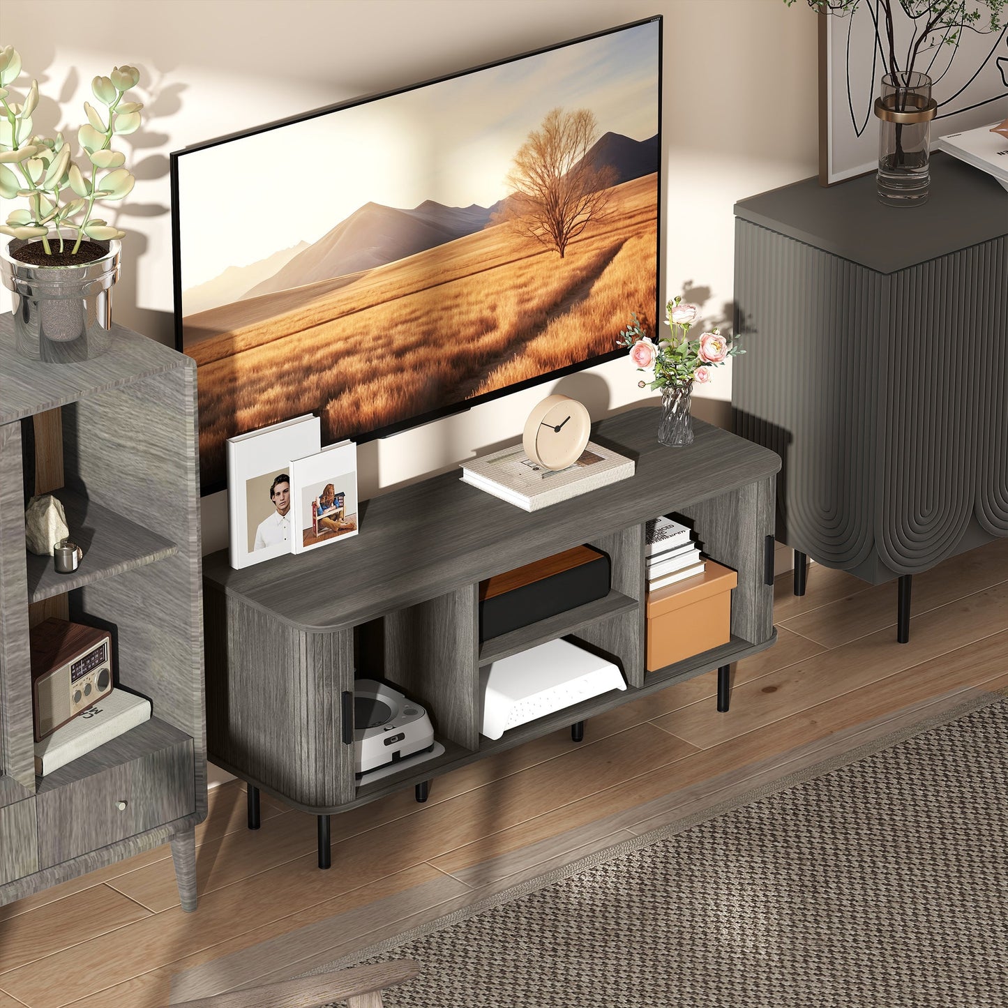 HOMCOM TV Stand Cabinet for TVs up to 55 Inches, TV Unit with Storage Shelves and Cupboard for Living Room, Grey