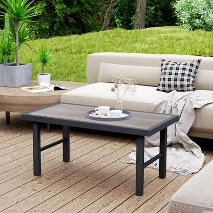 Outsunny Metal Garden Coffee Table, Outdoor Side Table with SPC Woodgrain Tabletop for Outside, Garden, Balcony, Porch, 100 x 53 x 46cm, Grey Wood Effect