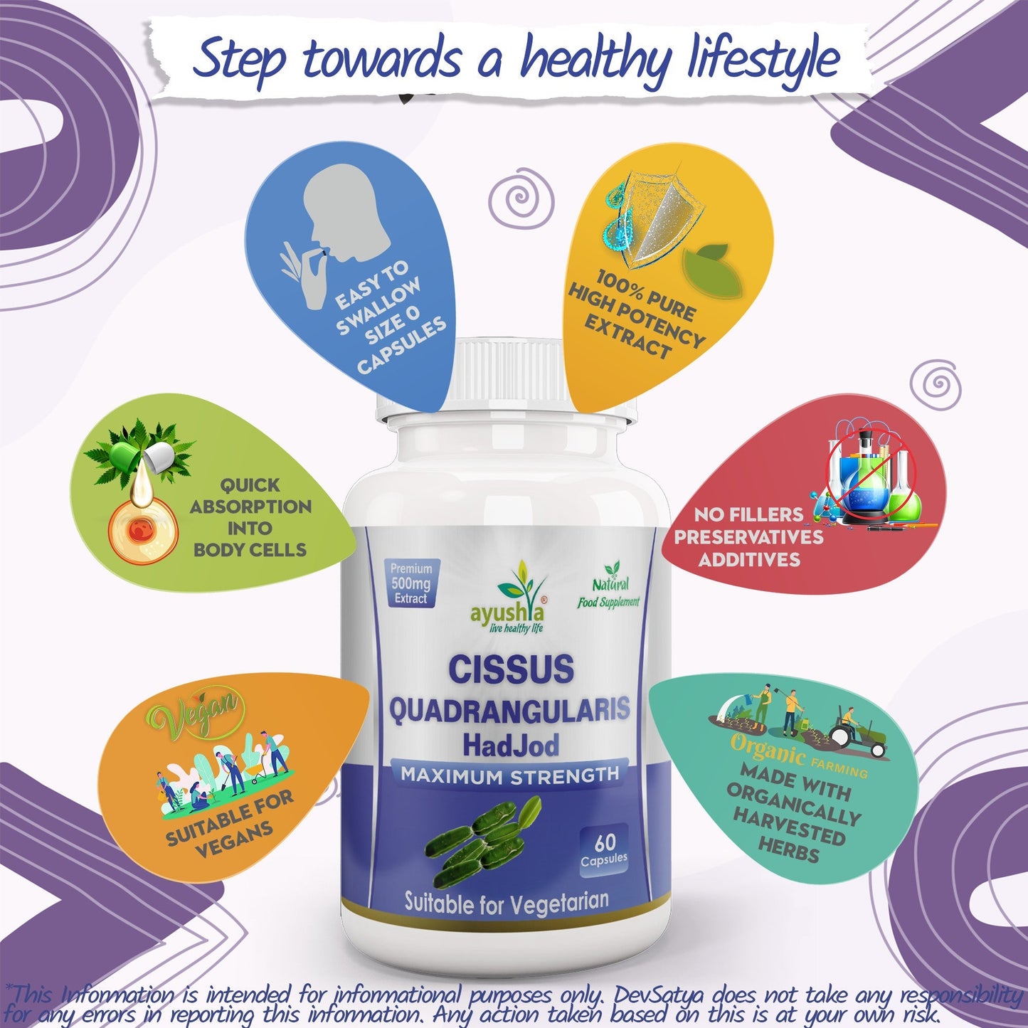 Ayushya Cissus Quadrangularis Capsules (Hadjod, Bone Setter) Joint & Bone Support - Vegan, Gluten Free, Non-GMO, 60 Capsules