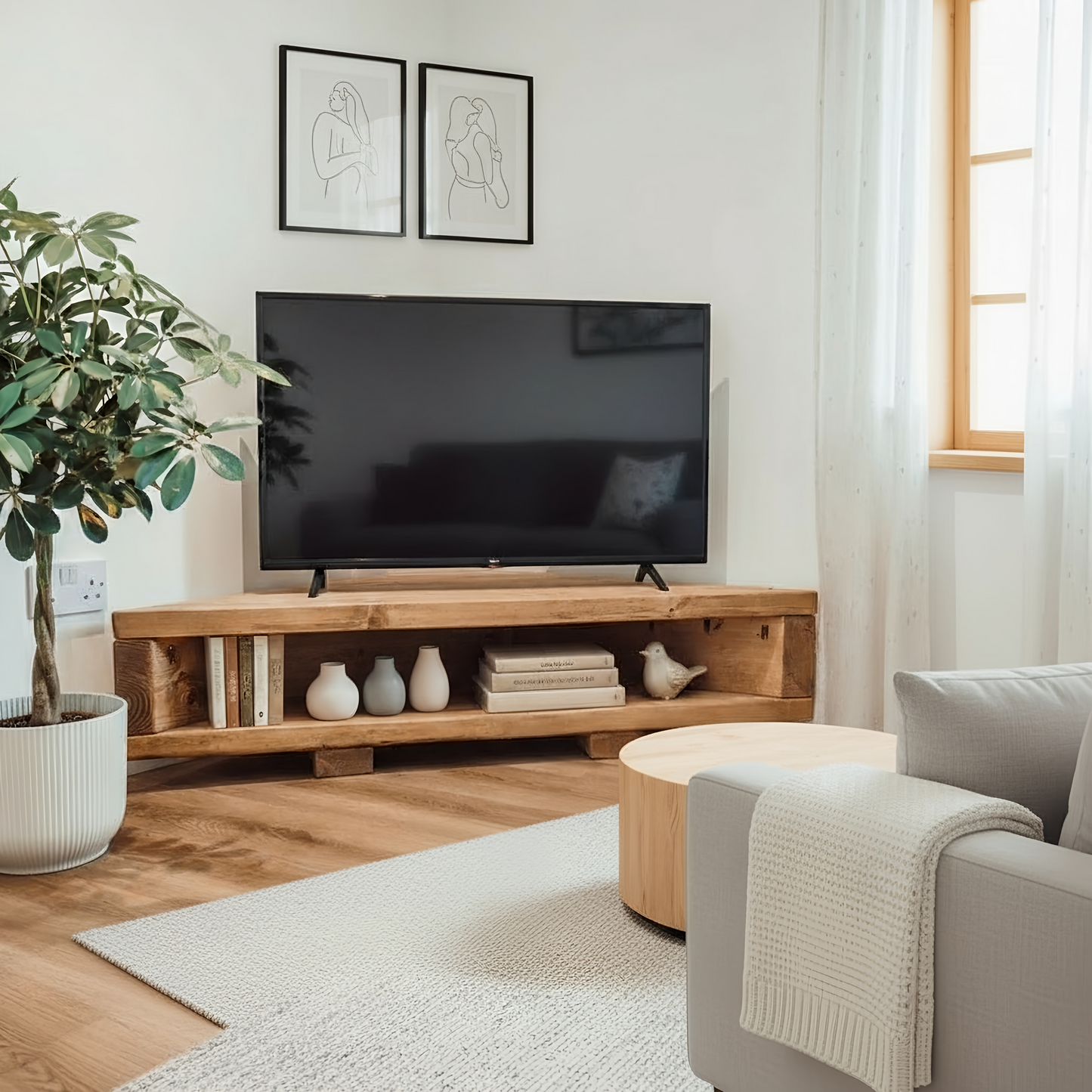 Corner Solid Wood Tv Unit / Solid Wood / Rustic