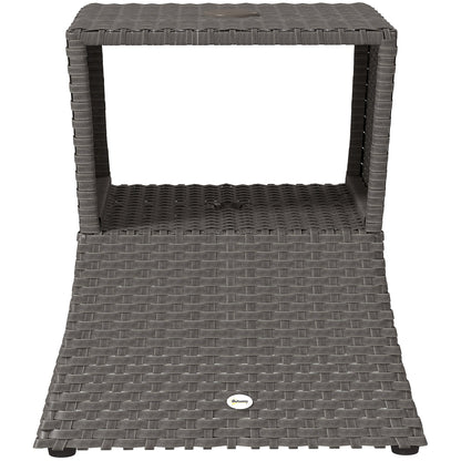 Outsunny Rattan Outdoor Coffee Table, Wicker Garden Patio Bistro Side Table with Umbrella Hole and Storage Space, Dark Grey