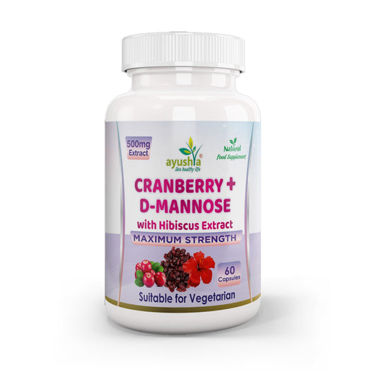 Ayushya Cranberry D-Mannose with Hibiscus Capsules Urinary UTI Bladder Wellness Support Cystitis - Vegan, Gluten Free, Non-GMO, 60 Capsules