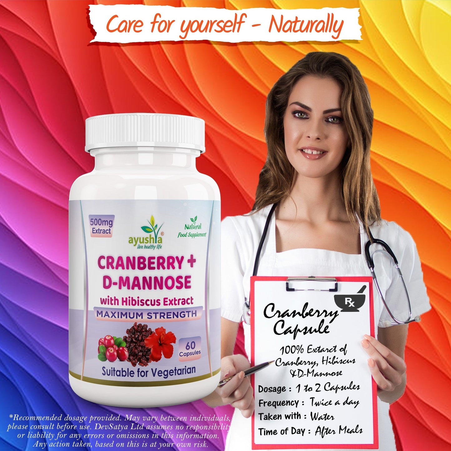 Ayushya Cranberry D-Mannose with Hibiscus Capsules Urinary UTI Bladder Wellness Support Cystitis - Vegan, Gluten Free, Non-GMO, 60 Capsules