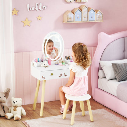 AIYAPLAY Kids Vanity Table and Chair Set with 3-Colour LED Lights Mirror, Drawer, Storage Boxes, for 3+ Years, White