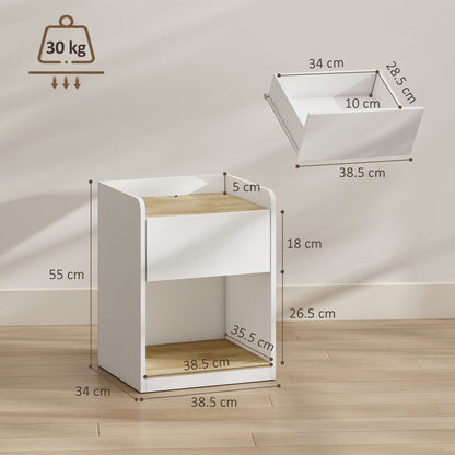 HOMCOM Modern Bedside Table, Slim Nightstand with Drawer, Shelf and Cable Holes, White and Oak