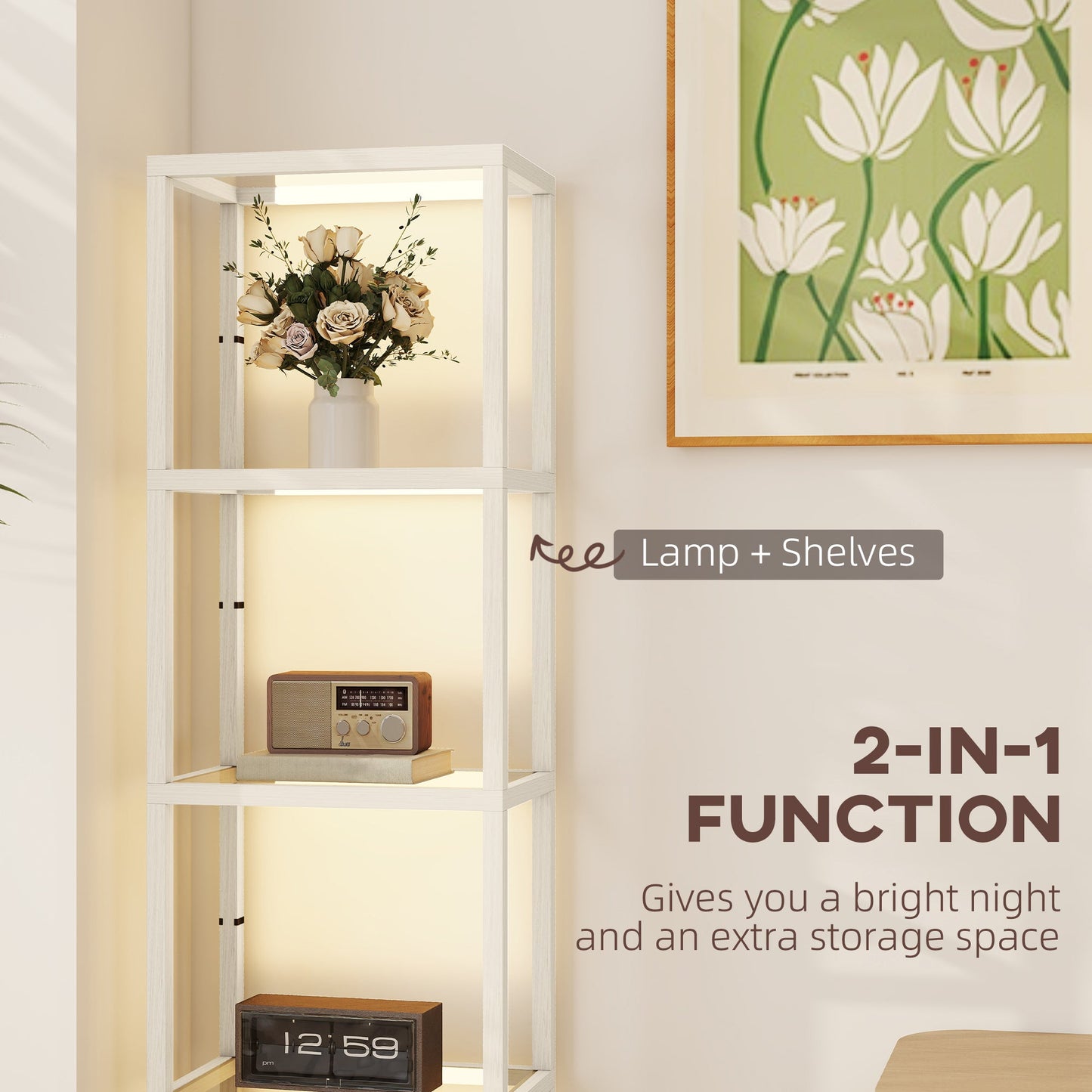 HOMCOM LED Floor Lamp with Glass Shelves, 4 Layers Dimmable Tall Standing Lamp, Modern Column Shelf Floor Light for Living Room, Bedroom, Office, Oak