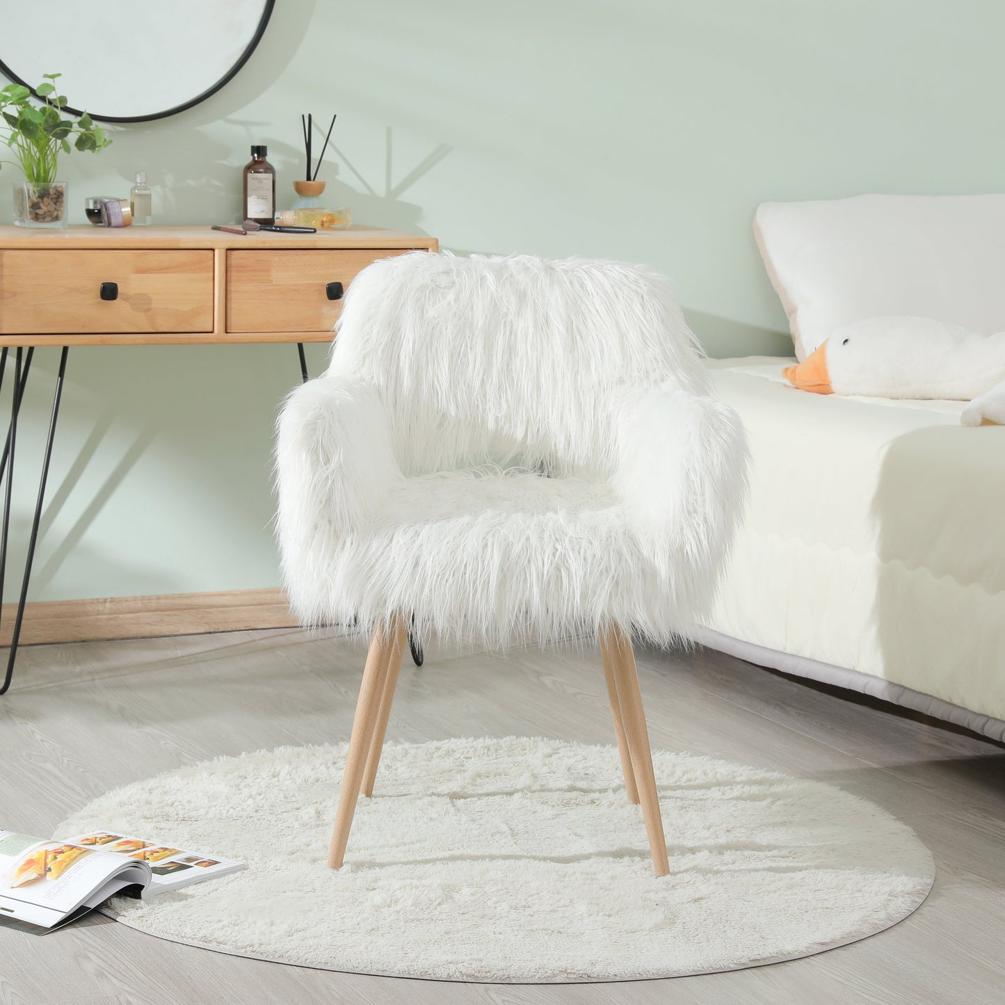 WHITE Faux Fur Upholstered Make up chair Side Dining Chair with Metal Leg(WHITE+Beech Metal Leg)