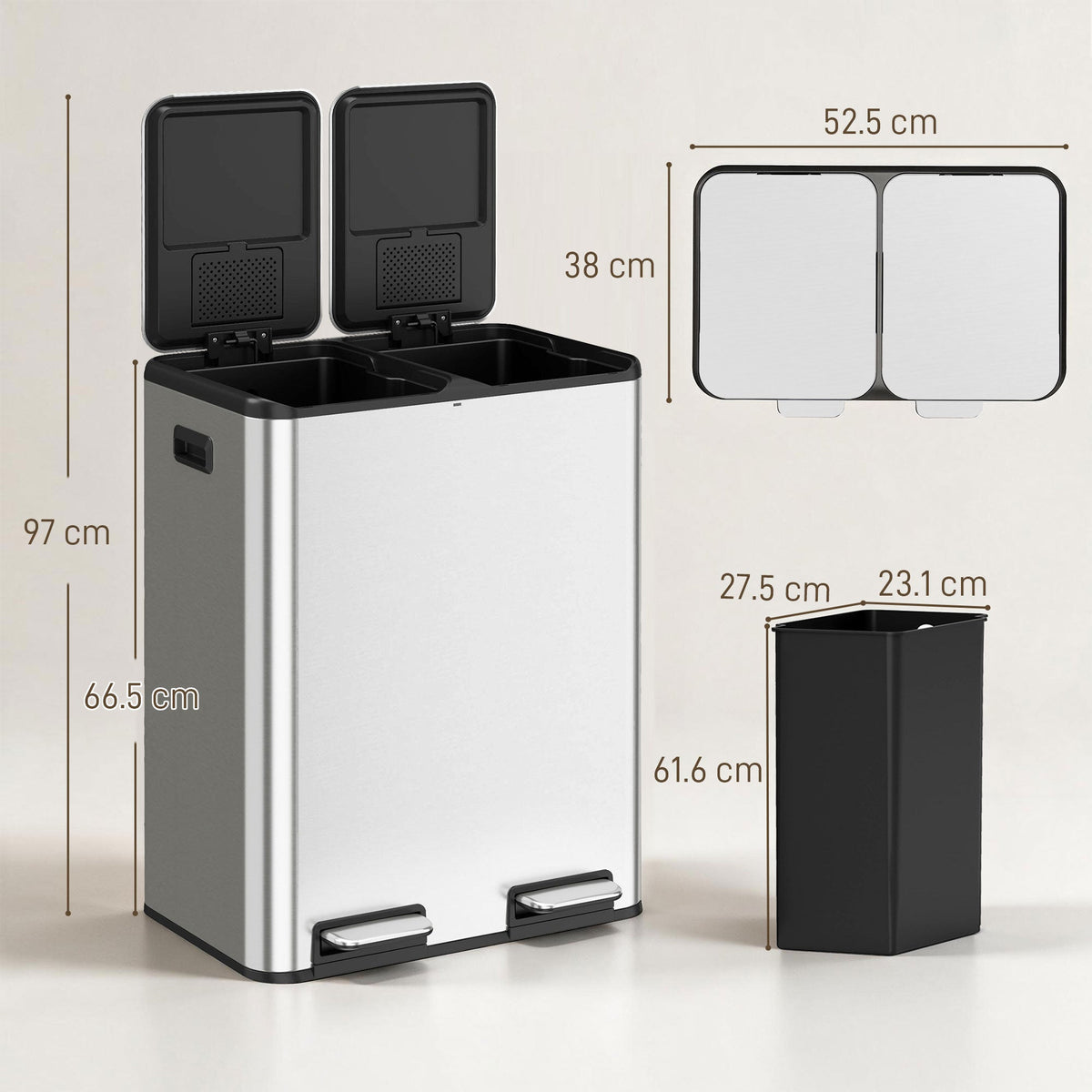 HOMCOM 2 x 30L Double Kitchen Bin, Stainless Steel Pedal Rubbish Bin with Dual Compartments, Soft Close Lids, Silver Tone