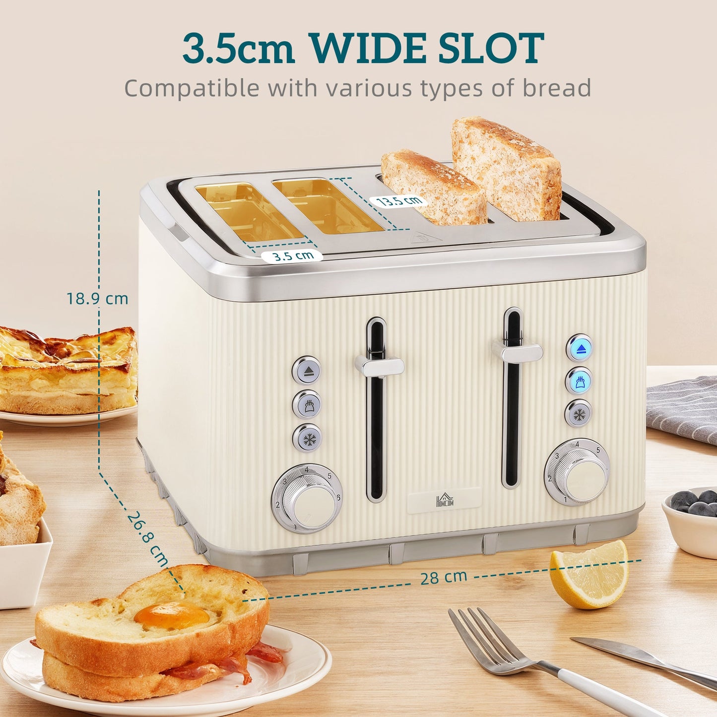 HOMCOM Electric Stainless Steel Kettle and Toaster Set, 3000W 1.7L UK Strix Thermostat Fast Boil Kettle w/ Limescale Filter, Cool Touch Body, 4 Slice Toaster with 7 Browning Levels, Crumb Tray, Cream