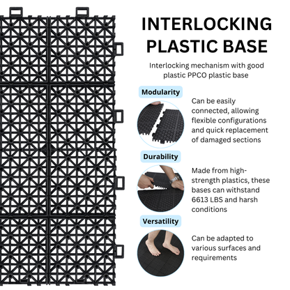 12 x 12 inch black interlocking deck tiles, plastic waterproof, weighing up to 6613 pounds, with a rose pattern pack of 12