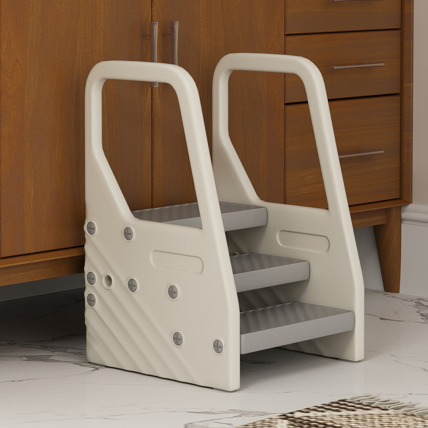 AIYAPLAY Adjustable 3 Step Toddler Tower with Handles, Non-slip Surface and Foot Pads, Grey