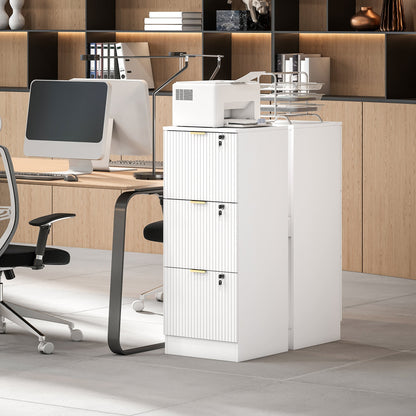 HOMCOM Filing Cabinet, Fluted Vertical File Cabinet with 3 Lockable Drawers and Hanging Rails, White