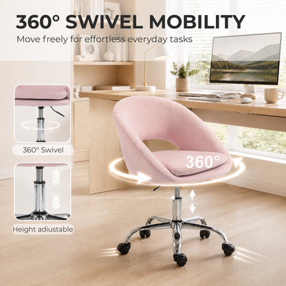 HOMCOM Velvet Desk Chair, Modern Office Chair with Height-Adjustable, Wheels, for Home Study Bedroom, Pink