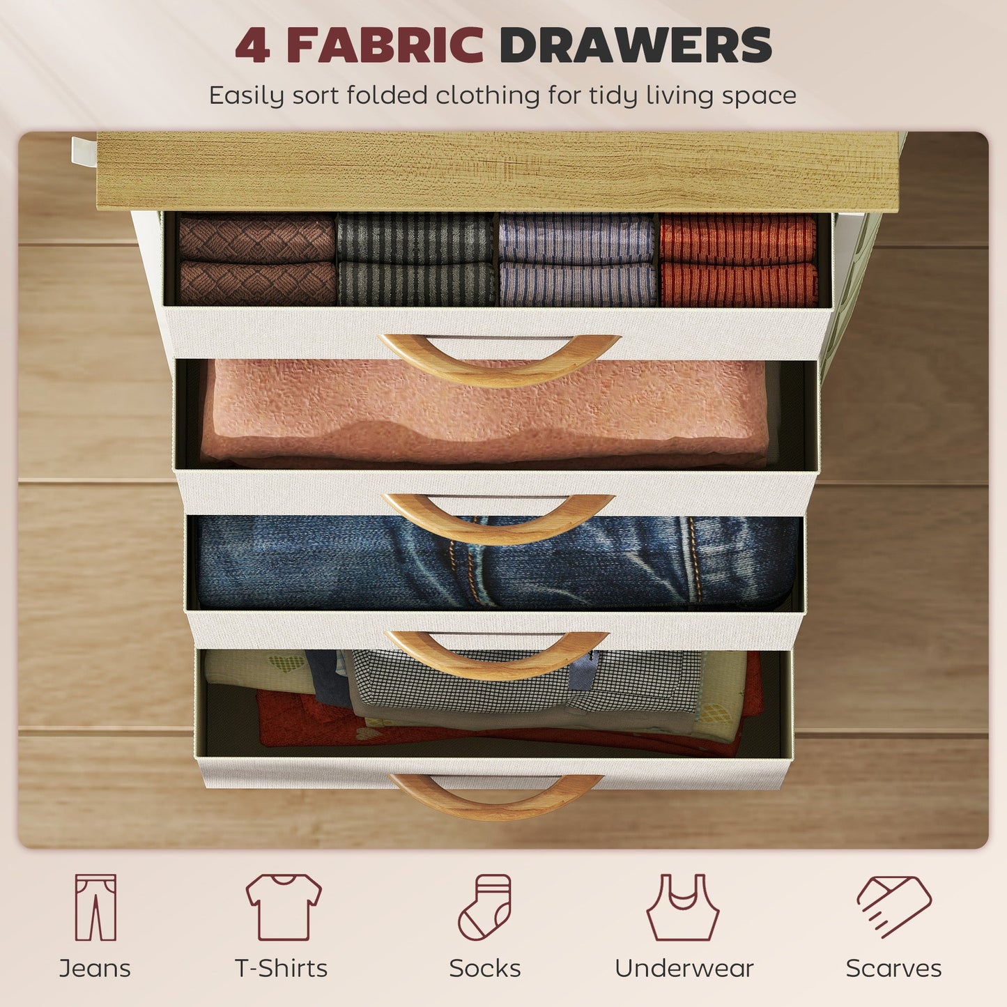 HOMCOM Chest of Four Fabric Drawers - Beige
