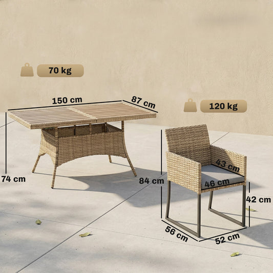 Outsunny 7 Piece Rattan Garden Furniture Set, Garden Dining Set with Wood-Plastic Table and 6 Stackable Chairs, Dark Grey