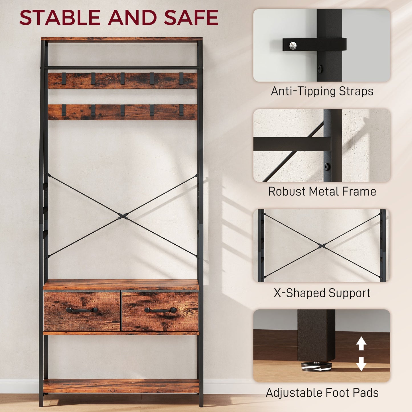 HOMCOM 6-in-1 Industrial-Style Hallway Organiser - Brown/Black