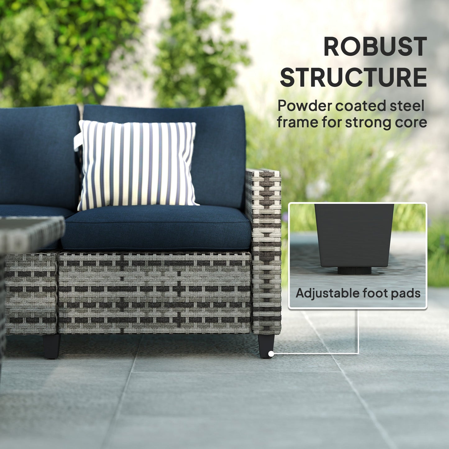 Outsunny 6 Pieces Rattan Garden Furniture Set, 5 Seater Wicker Outdoor Furniture Set with 2 Armchairs, Steel Frame Coffee Table and Cushions for Balcony, Porch, Navy Blue