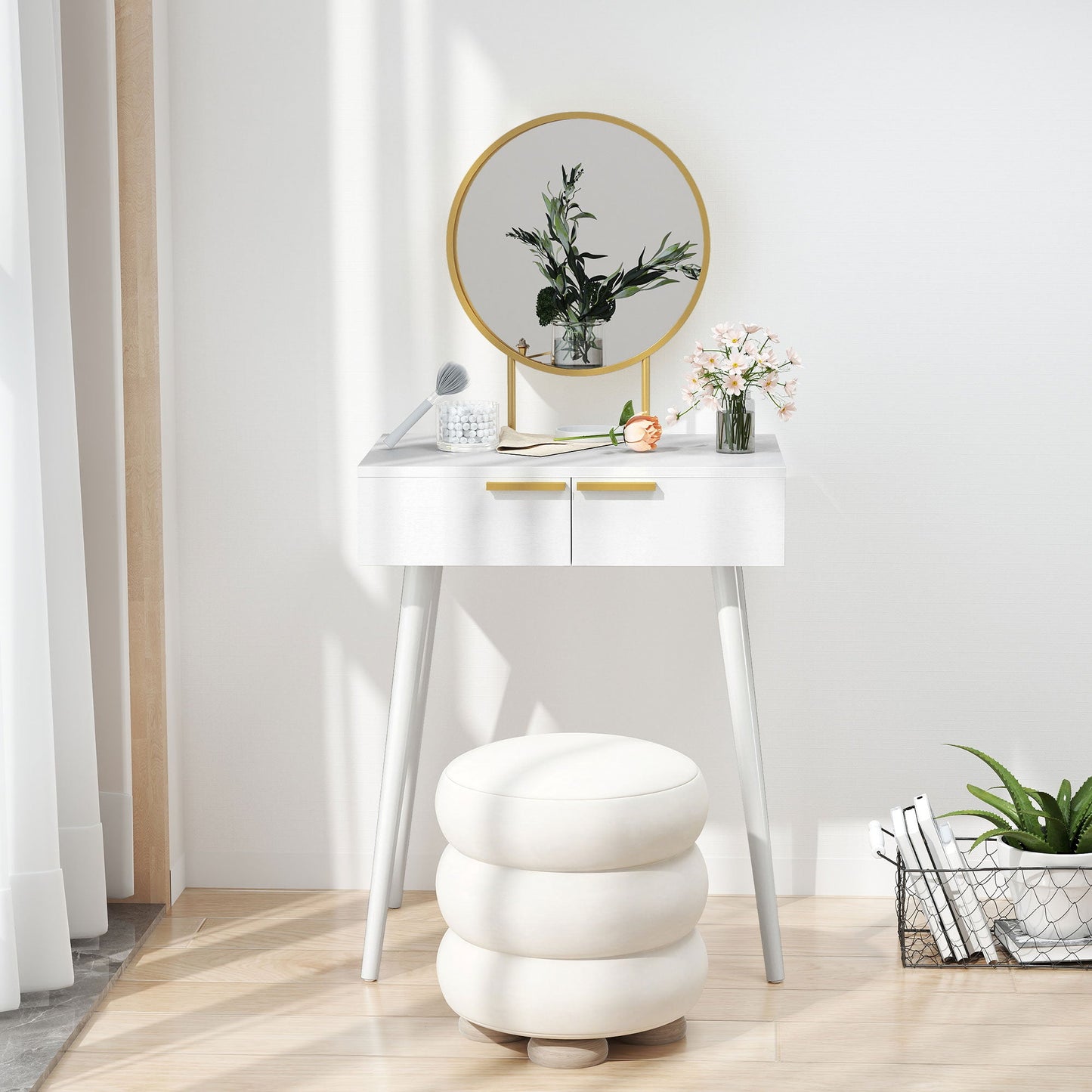 HOMCOM Dressing Table with Round Mirror - White