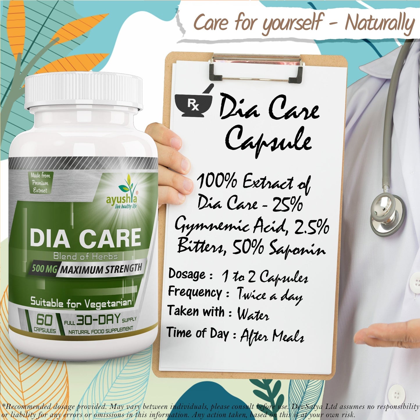 Ayushya Dia Care Capsules (Glucose Care Blend) Glucose Wellness Support - Vegan, Gluten Free, Non-GMO, 60 Capsules