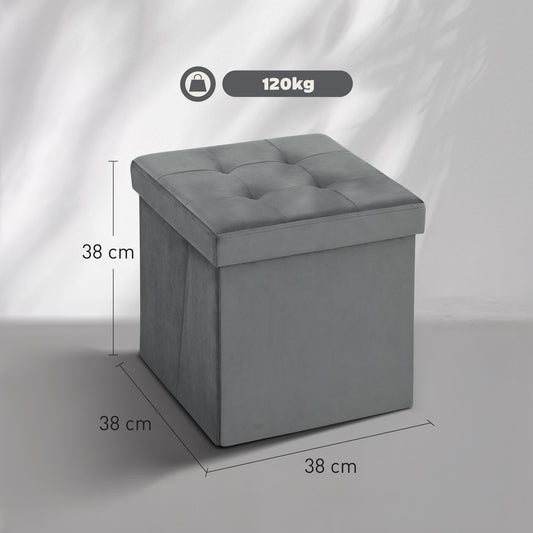 HOMCOM Foldable Velvet-Feel Storage Ottoman - Grey