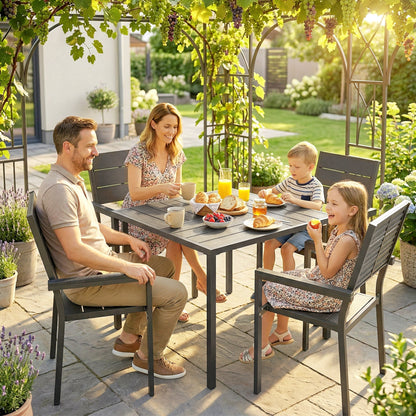Outsunny 5 Pieces Garden Dining Set, Garden Table and Chairs Set for 4 with Square HDPE Table and Chairs with Armrests, Black