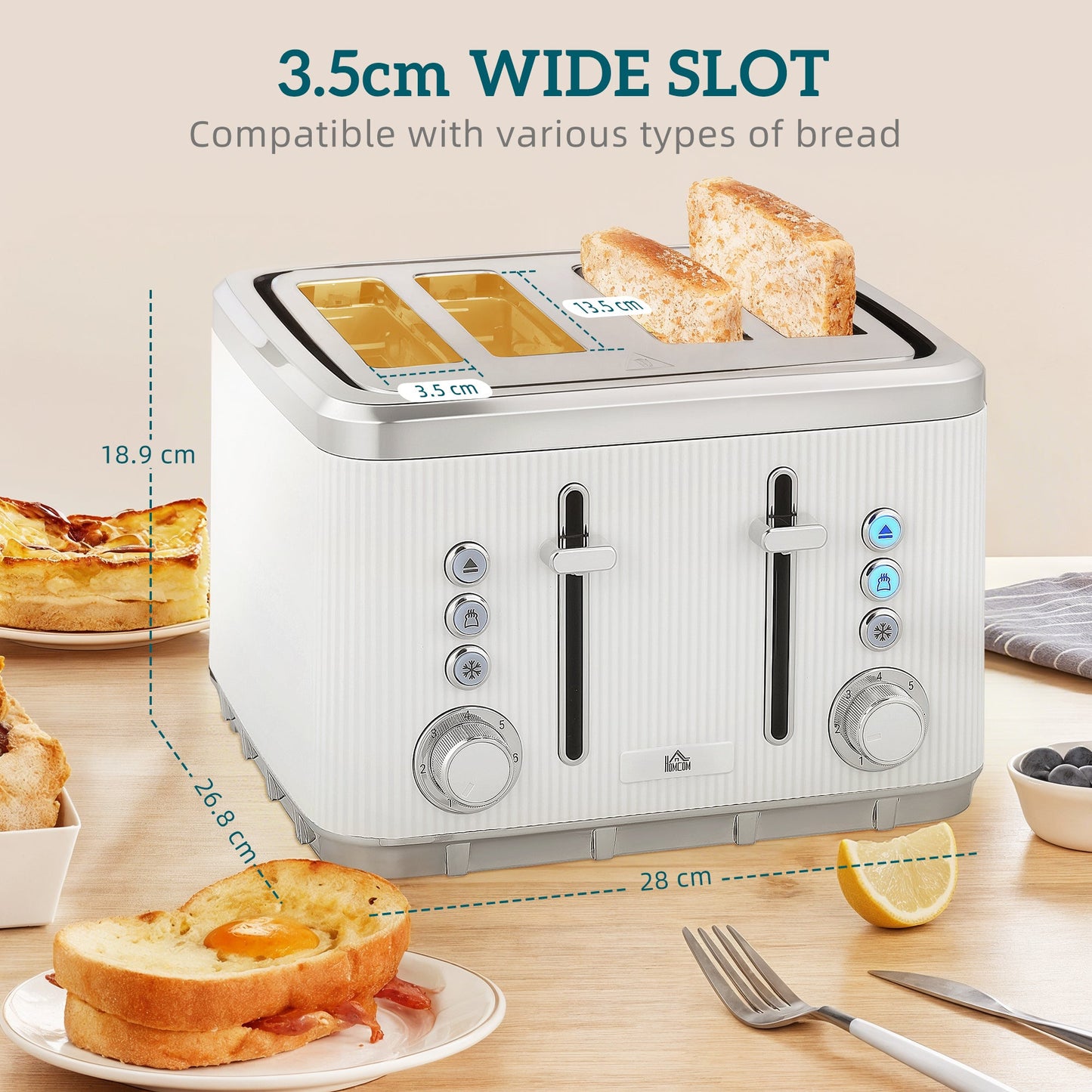 HOMCOM Electric Stainless Steel Kettle and Toaster Set, 3000W 1.7L UK Strix Thermostat Fast Boil Kettle w/ Limescale Filter, Cool Touch Body, 4 Slice Toaster with 7 Browning Levels, Crumb Tray, White