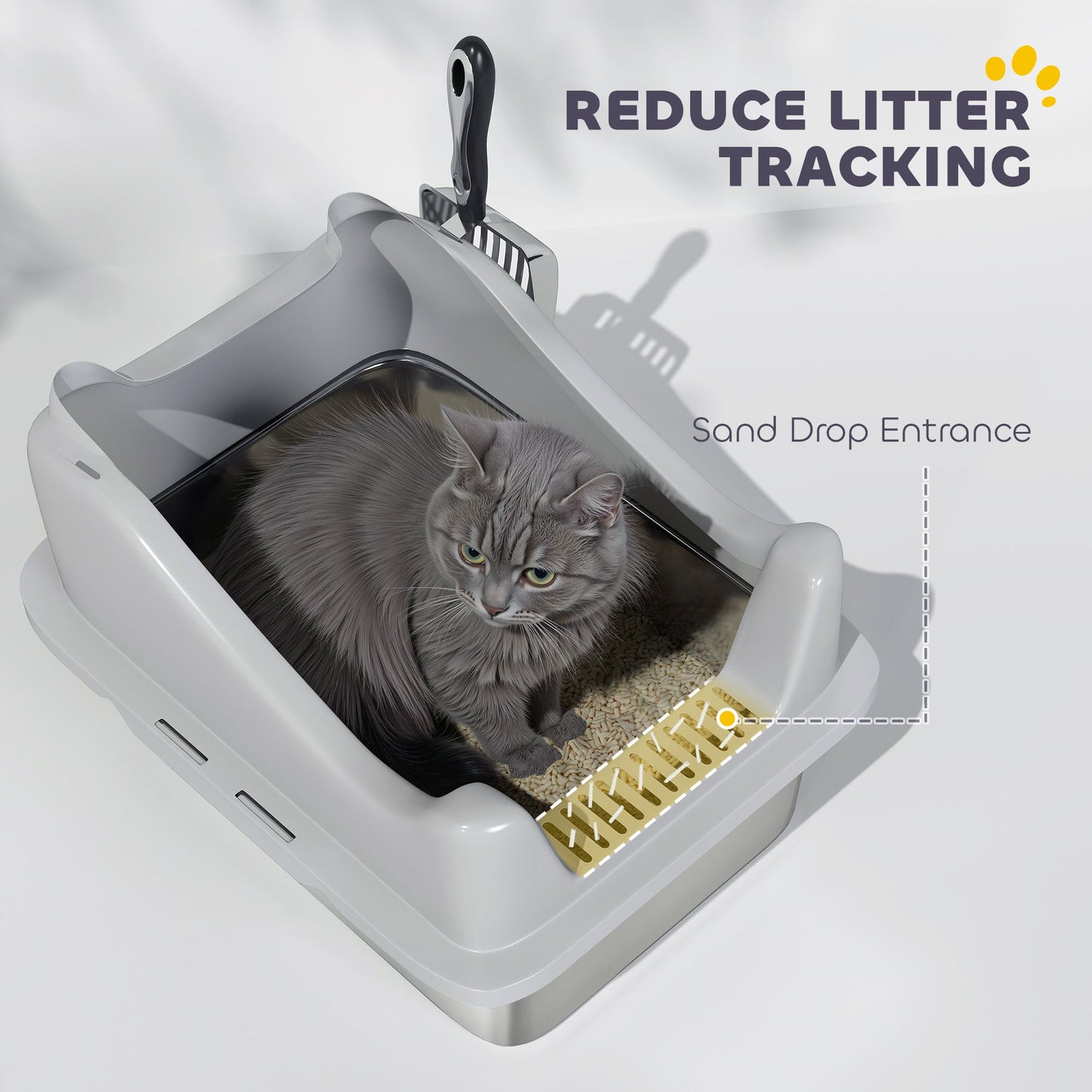 PawHut Stainless Steel Cat Litter Box with High Sides, Scoop, 43 x 33 x 25 cm