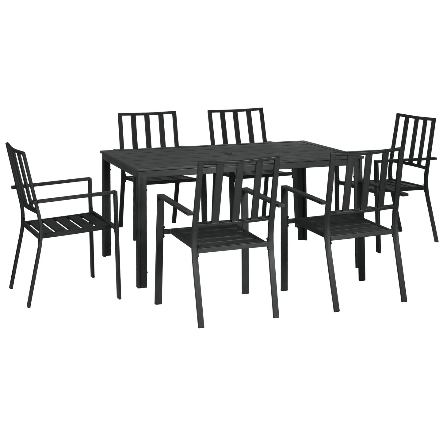 Outsunny Seven-Piece Minimal Metal Garden Dining Set, with Parasol Hole - Black