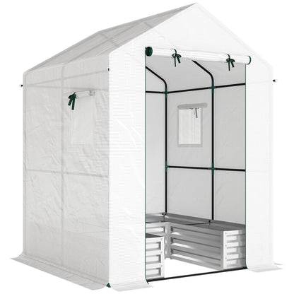 Outsunny Small Greenhouse with Raised Garden Bed, Galvanised Walk-in Greenhouse with Roll Up Windows, 141 x 141 x 190 cm, White