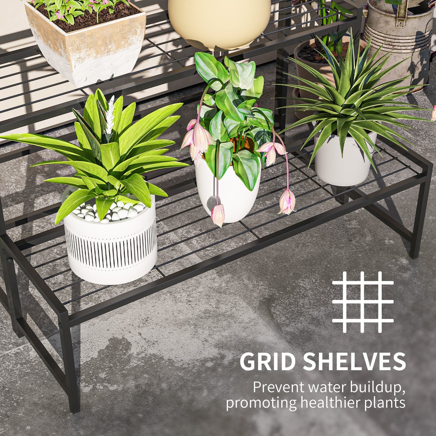 Outsunny Three-Tier Metal Plant Shelf - Black