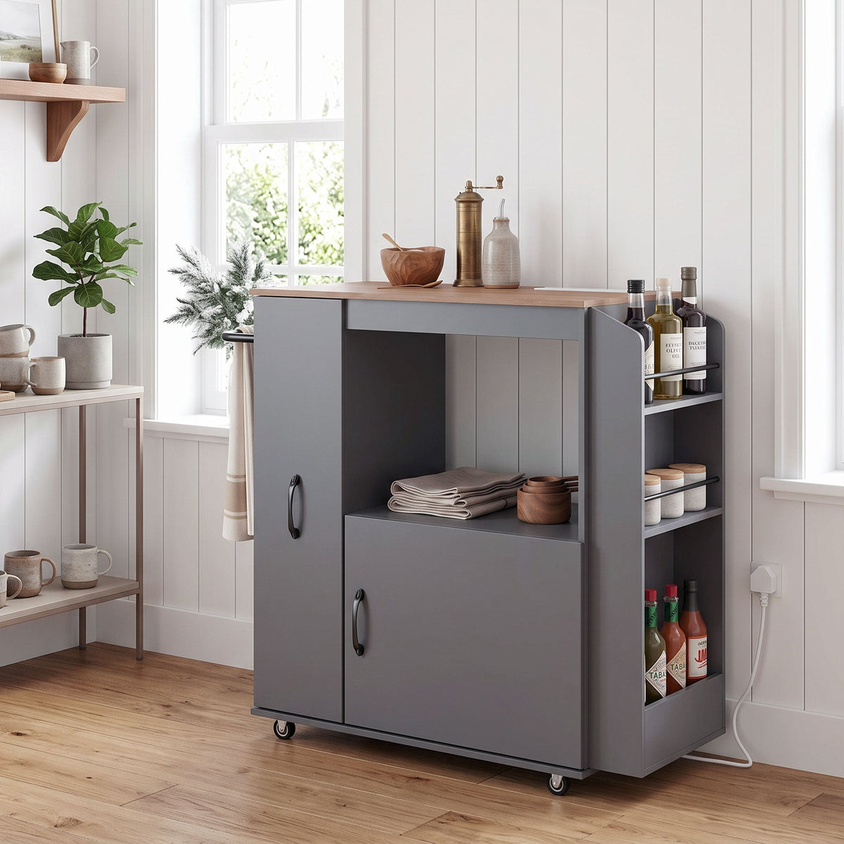 HOMCOM Kitchen Trolley on Wheels, Rolling Kitchen Island Cart with Power Outlet, Cabinet, Pull-Out Drawer, Grey