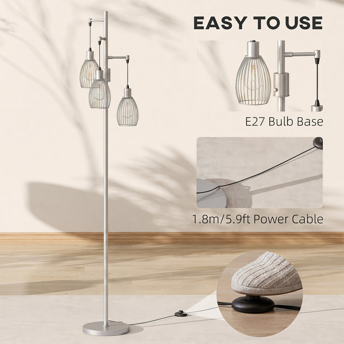 HOMCOM 170.5cm Industrial Dimmable Standing Lamp, 3-Light Floor Lamp with Steel Wire Cage Lampshades, Silver Tone
