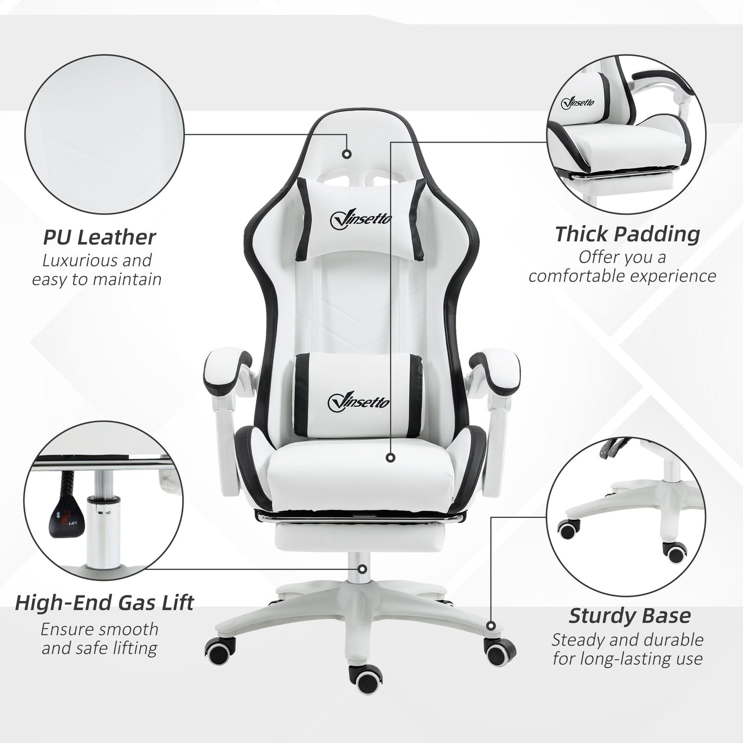 Vinsetto Computer Gaming Chair, PU Leather Desk Chair with Footrest, Swivel Task Chair with 135\'c2\'b0 Reclining Back and Lumbar Support, PC Chair for Adults, White and Black