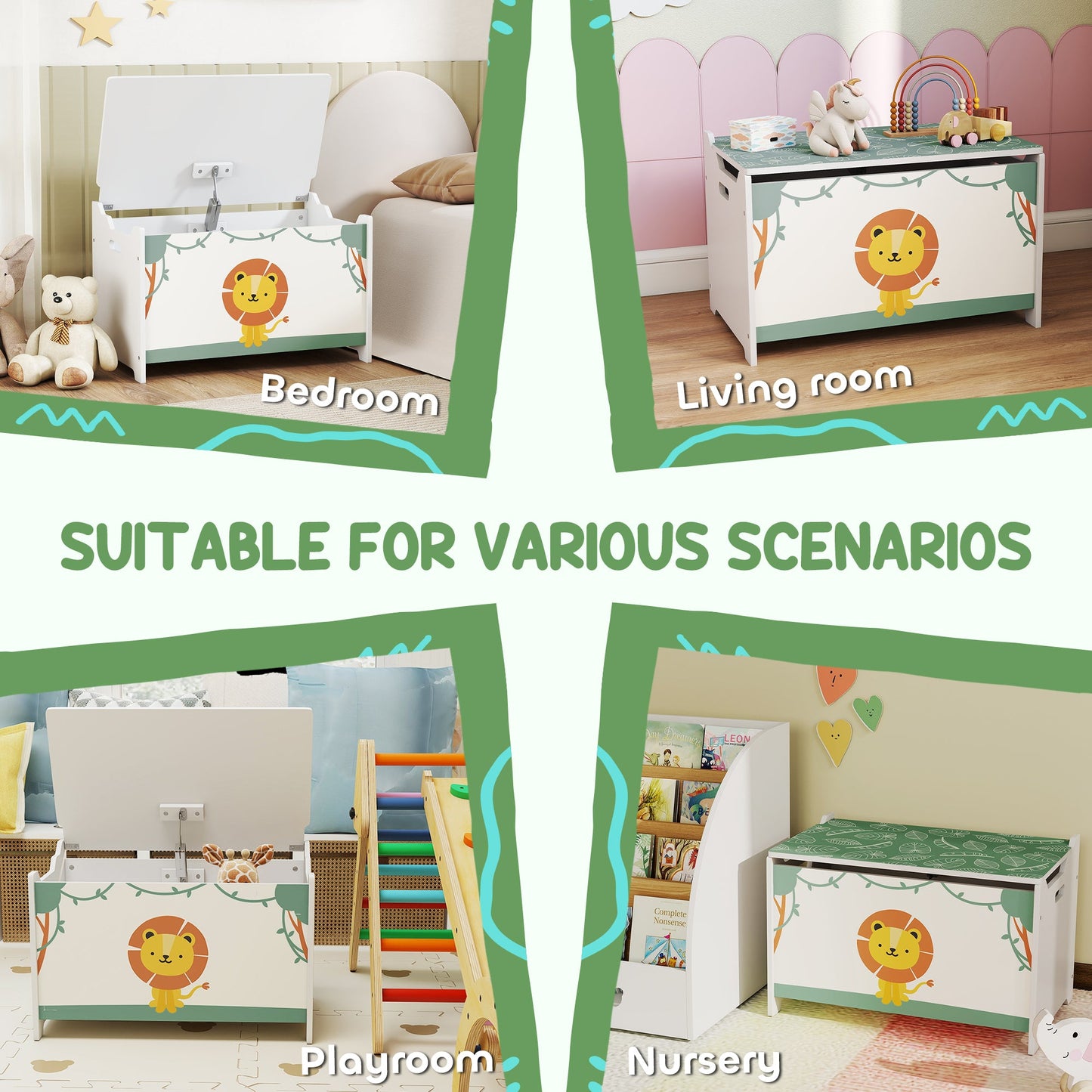 AIYAPLAY Toy Box with Lid, Safety Hinges and Groove Handles, Toy Storage organiser for Kids, Living Room, Playroom, Green