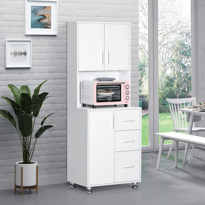 HOMCOM Modern Kitchen Cupboard with Storage Cabinets, 3 Drawers and Open Countertop for Living Room, White