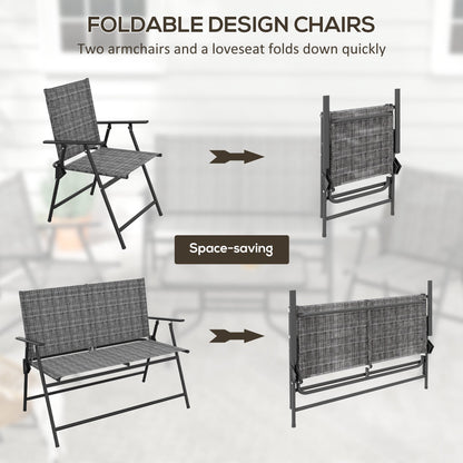 Outsunny Outdoor\'c2\'a04 Pieces Patio Furniture Set with Breathable Mesh Fabric\'c2\'a0Seat & Backrest,\'c2\'a0Garden Set with Two Foldable Armchairs, a Loveseat &\'c2\'a0Glass\'c2\'a0Top\'c2\'a0Table, Mixed Grey