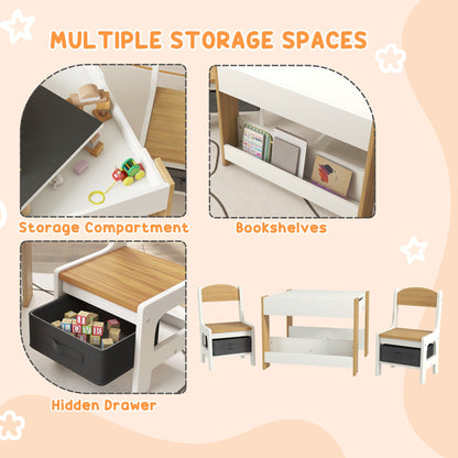 HOMCOM Three-Piece Kids Table and Chair Set with Blackboard, Storage, Bookshelves - Natural Wood